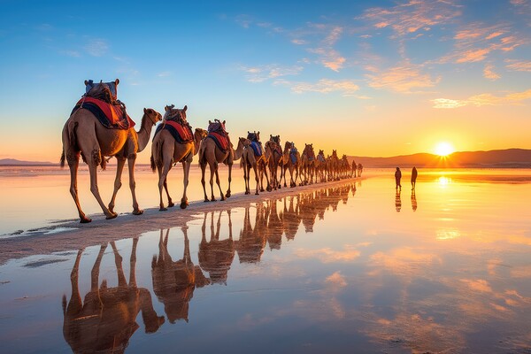 Caravan of camels on the salt lake at sunrise. Generative AI Picture Board by Lubos Chlubny