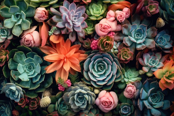 Collection of small decorative succulents, top view. Generative AI Picture Board by Lubos Chlubny