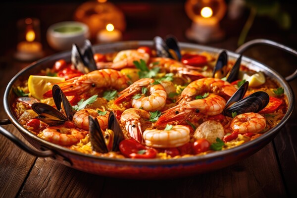 Traditional seafood paella in the pan. Generative AI Picture Board by Lubos Chlubny