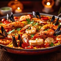 Buy canvas prints of Traditional seafood paella in the pan. Generative AI by Lubos Chlubny
