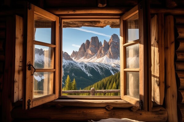 View from the window of the beautiful mountain landscape, the Dolomites. Generative AI Picture Board by Lubos Chlubny