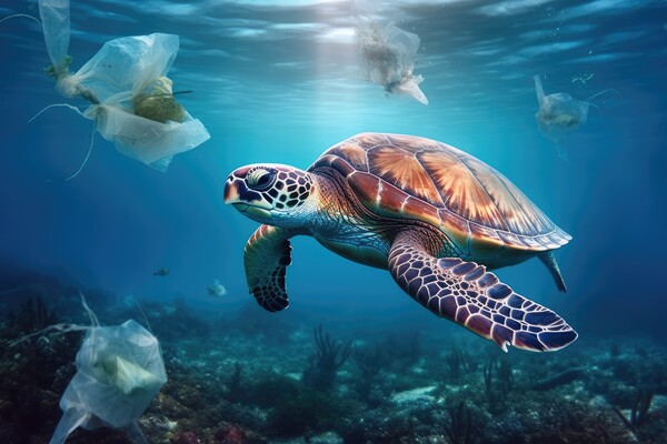 World ocean pollution, Turtle and plastic bags underwater. Generative AI Picture Board by Lubos Chlubny