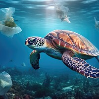 Buy canvas prints of World ocean pollution, Turtle and plastic bags underwater. Generative AI by Lubos Chlubny