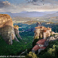 Buy canvas prints of The stunning rock pillar Top Meteora Monastery of Rossanou at sunrise by Paul E Williams