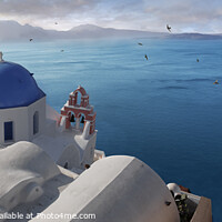 Buy canvas prints of View of the Picturesque Blue Domed Orthodox churches of Santorini by Paul E Williams