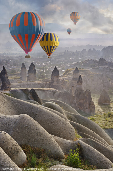 Hot Air Balloons Over Fairy Chimney Police Station Cappadocia Picture Board by Paul E Williams