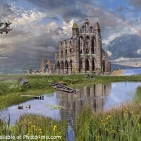 Buy canvas prints of Fairey Swordfish flying over Whitby Abbey by Paul E Williams