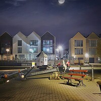 Buy canvas prints of Moon down over the Waterside marina in Brightlingsea  by Tony lopez
