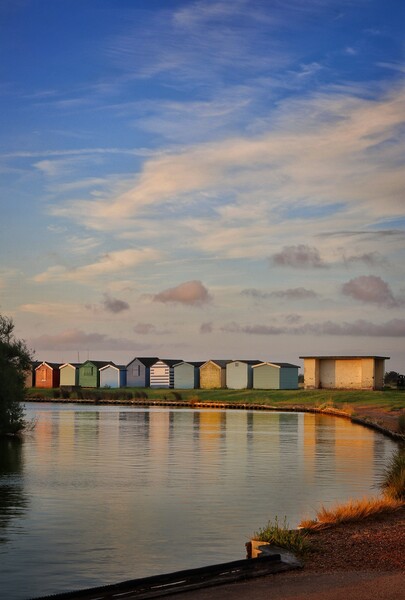 Sunrise over th beach huts around the Boating lake in Brightlingsea  Picture Board by Tony lopez