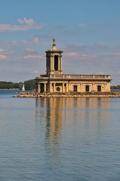 Normanton church on rutland water in reflection.  Picture Board by Tony lopez
