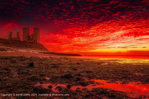 Blazing sunset over the historic Reculver Towers Picture Board by Derek Griffin