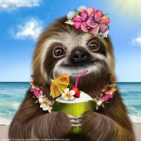 Buy canvas prints of A Sloth on the beach with a cocktail by Nicola Duckworth