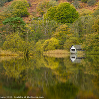 Buy canvas prints of Autumn trees and boathouse by Darrell Evans