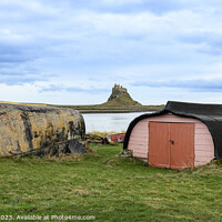 Buy canvas prints of Lindisfarne Huts and Castle by Darrell Evans
