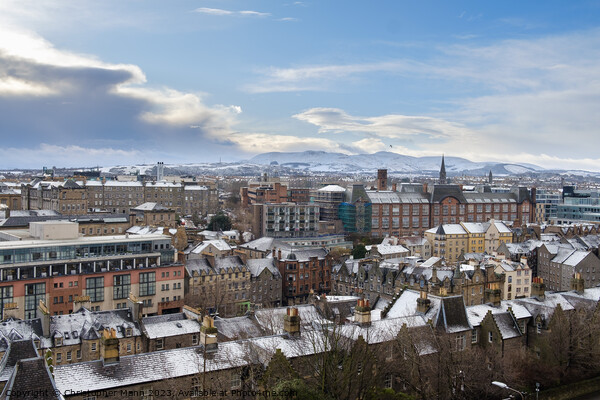 panoramic view of Edinburgh in winter with snow looking south towards Blackford Hill & Pentland Hills Picture Board by Chris Mann