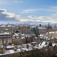 Buy canvas prints of panoramic view of Edinburgh in winter with snow looking south towards Blackford Hill & Pentland Hills by Chris Mann
