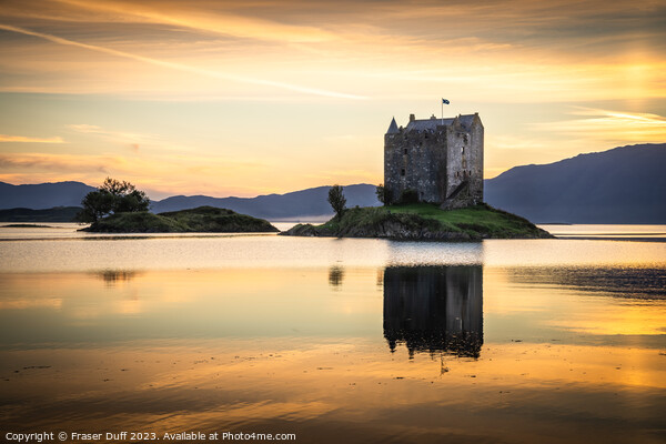 Castle Stalker at Dusk, Loch Laich Reflections Picture Board by Fraser Duff