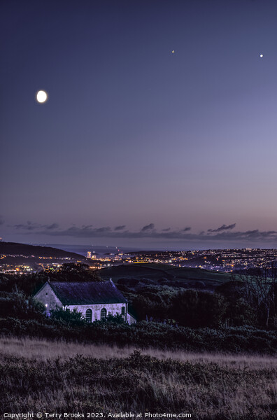 Gellionnen Chapel with the Moon, Saturn and Jupiter Above and Swansea City Picture Board by Terry Brooks