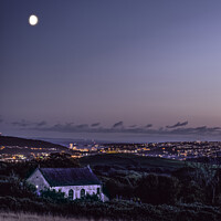 Buy canvas prints of Gellionnen Chapel with the Moon, Saturn and Jupiter Above and Swansea City by Terry Brooks