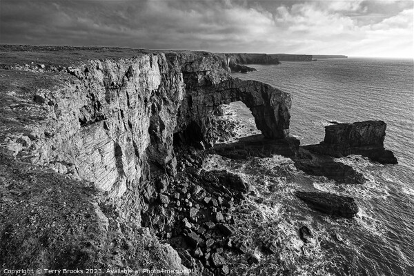 The Green Bridge of Wales Black and White Pembrokeshire West Wales Picture Board by Terry Brooks