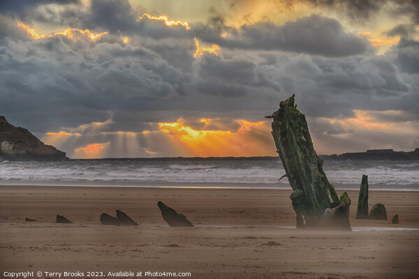 Helvetia Shipwreck  Rhossili Bay and Worm's Head Sunset Picture Board by Terry Brooks