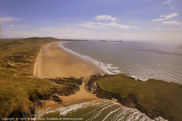 Rhossili Bay, Beach and Sea Aerial Picture Board by Terry Brooks