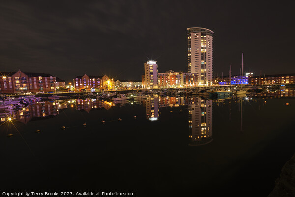 Swansea Marina at Night Reflecting in the Water Picture Board by Terry Brooks