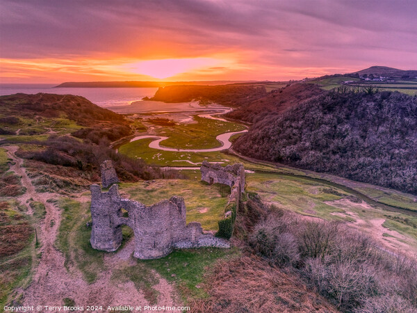Pennard Castle and Three Cliffs Bay Sunset Picture Board by Terry Brooks