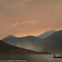 Buy canvas prints of Sunset over the mountains with a silhouetted fishing boat by Terry Brooks