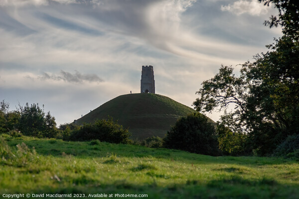 A large green field with trees in the background with Glastonbury Tor in the background Picture Board by David Macdiarmid
