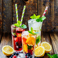 Buy canvas prints of Fruit drinks on wooden background by CC Designs