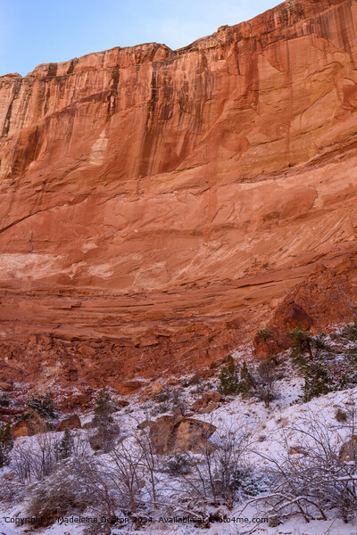 Snow-covered Red Cliffs Landscape Picture Board by Madeleine Deaton