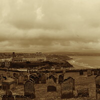 Buy canvas prints of Whitby panorama across St. Mary’s churchyard, sepia by Paul Boizot