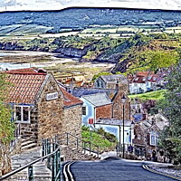 Buy canvas prints of View downhill, Robin Hoods Bay, paint effect by Paul Boizot