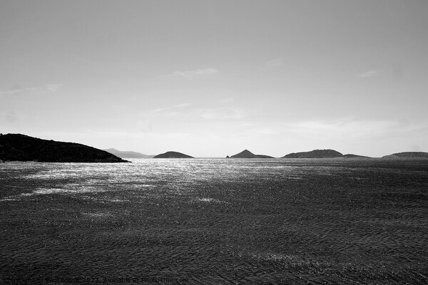 Islets in sparkling sea, Lipsi, monochrome Picture Board by Paul Boizot