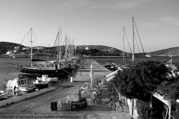 Lipsi morning boats and ouzerie, monochrome Picture Board by Paul Boizot