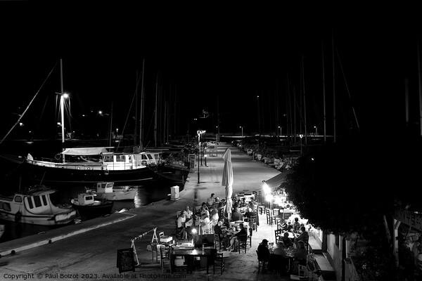 Lipsi evening boats and ouzerie, monochrome Picture Board by Paul Boizot