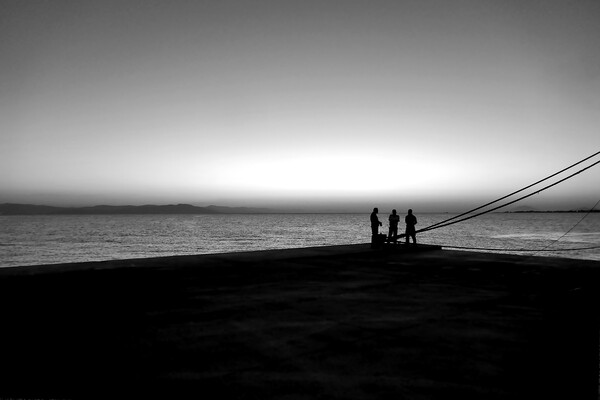 Dawn ferrymen, Kos Town 1, monochrome Picture Board by Paul Boizot
