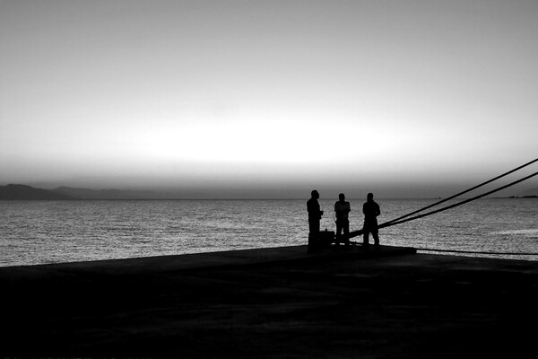Dawn ferrymen, Kos Town 2, monochrome Picture Board by Paul Boizot