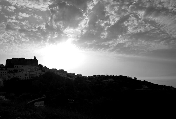 Monastery on Patmos, evening 1, monochrome Picture Board by Paul Boizot