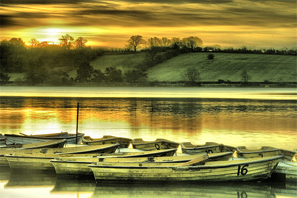 Thornton Reservoir,Boats at Sunrise Picture Board by Simon Gladwin