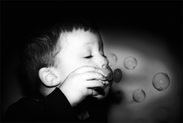 The Boy Who Blew Bubbles Black and White Picture Board by Simon Gladwin