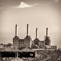 Buy canvas prints of Battersea Power Station with train tracks  by Lenny Carter