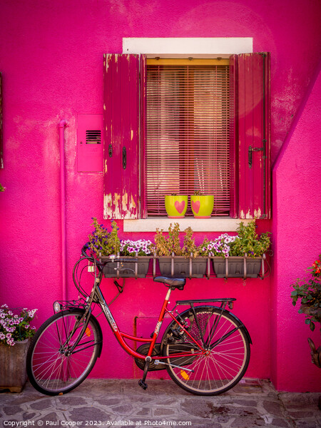 Bike outside pink Burano house, Italy Picture Board by Bailey Cooper
