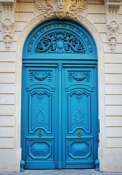 Old fashioned front door entrance, white facade and blue door, Paris, France Picture Board by Virginija Vaidakaviciene