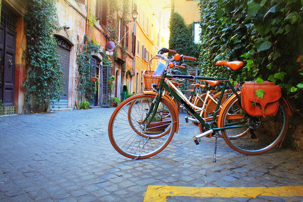 Bicycle standing in front of store on old street of Rome . Picture Board by Virginija Vaidakaviciene