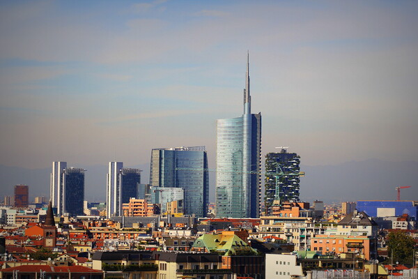 Milan skyline with modern skyscrapers in Porto Nuovo business district, Italy. Panorama of Milano city for background Picture Board by Virginija Vaidakaviciene