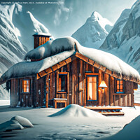 Buy canvas prints of AI Wooden Hut In The Snowy Mountains by Joshua Hark