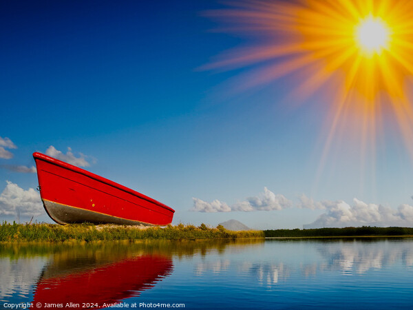 Isolated Boat in Canadian Lake in the sunshine  Picture Board by James Allen