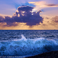 Buy canvas prints of Sunset from Brighton beach with light glistening on the sea spray by Iain Lockhart